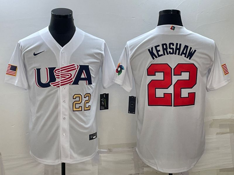 Men 2023 World Cub USA 22 Kershaw White Nike MLB Jersey3